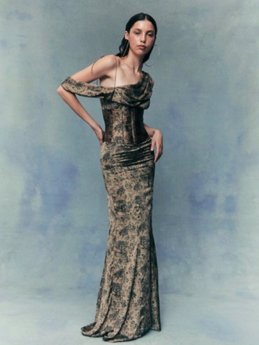 Brulee Maxi Dress & Corset in Silk Satin Son of Venus Print